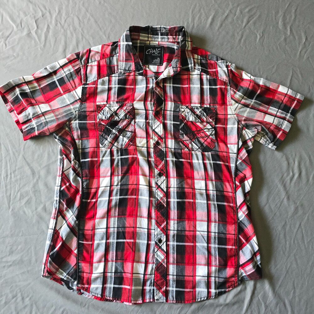 CHALC Mens Short Sleeve Plaid Button Up Shirt Red Black White Snap Pockets XL